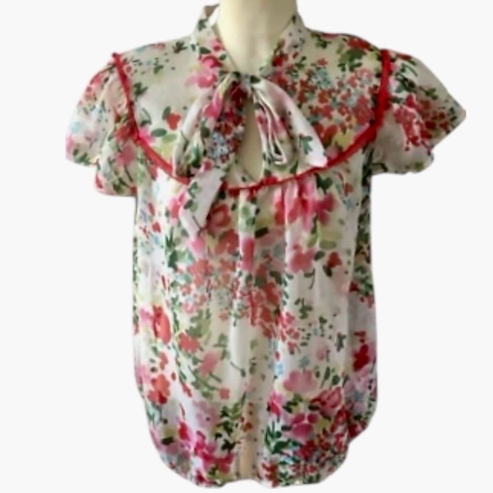 FOREVER 21 Sheer Floral Blouse Bow Tie Elasticized Hem